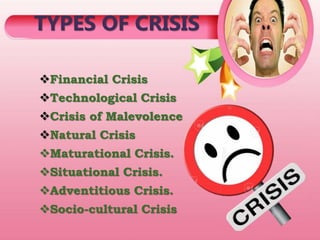 TYPES OF CRISIS
Financial Crisis
Technological Crisis
Crisis of Malevolence
Natural Crisis
Maturational Crisis.
Situational Crisis.
Adventitious Crisis.
Socio-cultural Crisis
 
