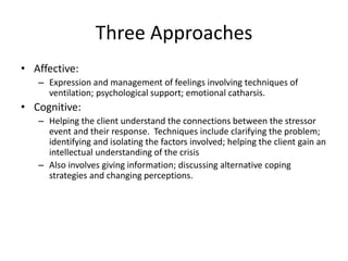 Three Approaches
• Affective:
– Expression and management of feelings involving techniques of
ventilation; psychological support; emotional catharsis.
• Cognitive:
– Helping the client understand the connections between the stressor
event and their response. Techniques include clarifying the problem;
identifying and isolating the factors involved; helping the client gain an
intellectual understanding of the crisis
– Also involves giving information; discussing alternative coping
strategies and changing perceptions.
 