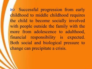  Successful progression from early
childhood to middle childhood requires
the child to become socially involved
with people outside the family with the
more from adolescence to adulthood,
financial responsibility is expected.
Both social and biological pressure to
change can precipitate a crisis.
 