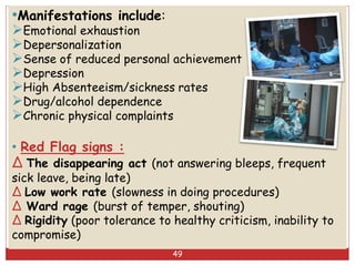 49
•Manifestations include:
Emotional exhaustion
Depersonalization
Sense of reduced personal achievement
Depression
High Absenteeism/sickness rates
Drug/alcohol dependence
Chronic physical complaints
• Red Flag signs :
∆ The disappearing act (not answering bleeps, frequent
sick leave, being late)
∆ Low work rate (slowness in doing procedures)
∆ Ward rage (burst of temper, shouting)
∆ Rigidity (poor tolerance to healthy criticism, inability to
compromise)
 