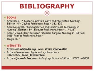 BIBLIOGRAPHY
56
 BOOKS
• Sreevani.R, “A Guide to Mental Health and Psychiatric Nursing”,
Edition : 4th, JayPee Publishers, Page = 332-339
• Sharma Suresh, “Communication and Educational Technology in
Nursing”, Edition : 3rd , Elsevier Publishers, Page = 117-123
• Ansari Javed, Kaur Davinder, “Medical Surgical Nursing-I”, Edition:
2015, PeeVee Publishers, Page =
• Chugh SL, “
 WEBSITES
• https://en.wikipedia.org › wiki › Crisis_intervention
• https://www.researchgate.net › publication ›
331783539_Crisis_Intervention
• https://journals.lww.com › indianjpsychiatry › Fulltext › 2021 › 63060
 