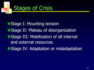 18
Stages of Crisis
Stage I: Mounting tension
Stage II: Plateau of disorganization
Stage III: Mobilization of all internal
and external resources
Stage IV: Adaptation or maladaptation
 