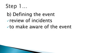 b) Defining the event
review of incidents
to make aware of the event
 