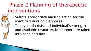  Selects appropriate nursing action for the
identified nursing diagnoses
 The type of crisis and individual’s strength
and available resources for support are taken
into consideration
 