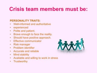 Crisis team members must be: <ul><li>PERSONALITY TRAITS: </li></ul><ul><li>Well-informed and authoritative </li></ul><ul><...