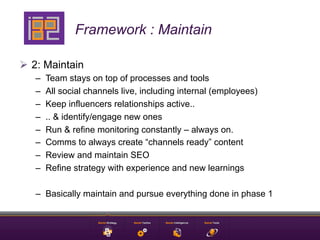 Framework : Maintain

Ø  2: Maintain
   –    Team stays on top of processes and tools
   –    All social channels live, including internal (employees)
   –    Keep influencers relationships active..
   –    .. & identify/engage new ones
   –    Run & refine monitoring constantly – always on.
   –    Comms to always create “channels ready” content
   –    Review and maintain SEO
   –    Refine strategy with experience and new learnings

   –  Basically maintain and pursue everything done in phase 1
 