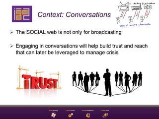 Context: Conversations

Ø  The SOCIAL web is not only for broadcasting

Ø  Engaging in conversations will help build trust and reach
    that can later be leveraged to manage crisis
 