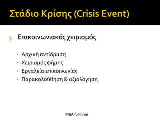 3.   Επικοινωνιακόσ χειριςμόσ

     • Αρχικό αντύδραςη
     • Φειριςμόσ φόμησ
     • Εργαλεύα επικοινωνύασ
     • Παρακολούθηςη & αξιολόγηςη




                         MBA full time
 