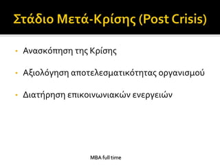 •   Αναςκόπηςη τησ Κρύςησ

•   Αξιολόγηςη αποτελεςματικότητασ οργανιςμού

•   Διατόρηςη επικοινωνιακών ενεργειών




                   MBA full time
 