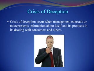 Crisis of Deception
 Crisis of deception occur when management conceals or

misrepresents information about itself and its products in
its dealing with consumers and others.

 