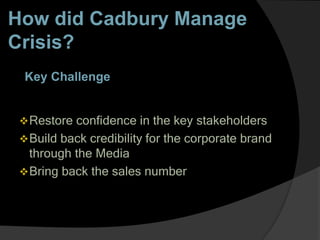 How did Cadbury Manage
Crisis?
Key Challenge
Restore confidence in the key stakeholders
Build back credibility for the corporate brand
through the Media
Bring back the sales number
 