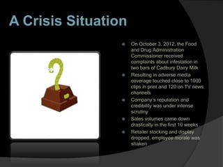 A Crisis Situation
 On October 3, 2012, the Food
and Drug Administration
Commissioner received
complaints about infestation in
two bars of Cadbury Dairy Milk
 Resulting in adverse media
coverage touched close to 1000
clips in print and 120 on TV news
channels
 Company’s reputation and
credibility was under intense
scrutiny
 Sales volumes came down
drastically in the first 10 weeks
 Retailer stocking and display
dropped, employee morale was
shaken
 