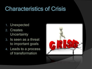 Characteristics of Crisis
1. Unexpected
2. Creates
Uncertainty
3. Is seen as a threat
to important goals
4. Leads to a process
of transformation
 