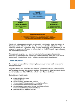 11
This form of risk assessment provides an estimate of the probability of the risk; severity of
the risk; and effect of the failure. The four-step process enables this to be carried out in a
systematic manner, but the extent to which the steps are absolute will be dependent on the
scope of the assessment. This can be defined clearly by the CMT through ongoing dialogue
with the broader organisation.
This process is recognised as a resource-intensive task requiring a multidisciplinary
approach. As well as a tool that can be used in the management of the risks it can also be
used to justify the introduction of more stringent standards within organisations.
Contact lists / details
The company is responsible for maintaining the currency of contact details necessary to
manage an incident.
Integrating the required information into computer systems and networks will be beneficial
and allow ease of access and updating. However, a physical copy of the information should
be maintained as part of the CMP in the unlikely event of computer failure.
Contact details should include:
crisis management team
retailer/customers
Food Standards Australia New Zealand
Commonwealth/State police crime investigation officers
Commonwealth/State food recall action offices
Commonwealth/State medicine recall coordinator officers
Commonwealth/State public health officers
raw material and packaging suppliers.
Hazard
Identification
Hazard
Characterisation
Exposure
Assessment
Risk Characterisation
What is the problem?
e.g. What could happen if
eaten?
Are more susceptible people?
e.g. How widely distributed?
How frequently does it occur?
e.g. What is the nature and likelihood of the health risk? Could it be fatal ?
Who is likely to become ill? How many people are likely to be affected ?
How certain is the information, what are the possible variables?
 