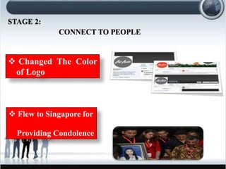 STAGE 2:
CONNECT TO PEOPLE
? Changed The Color
of Logo
? Flew to Singapore for
Providing Condolence
 