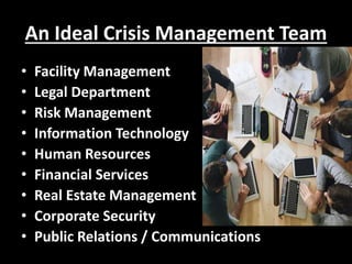 An Ideal Crisis Management Team
• Facility Management
• Legal Department
• Risk Management
• Information Technology
• Human Resources
• Financial Services
• Real Estate Management
• Corporate Security
• Public Relations / Communications
 