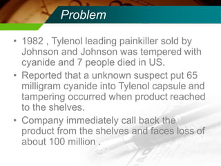Problem
• 1982 , Tylenol leading painkiller sold by
Johnson and Johnson was tempered with
cyanide and 7 people died in US.
• Reported that a unknown suspect put 65
milligram cyanide into Tylenol capsule and
tampering occurred when product reached
to the shelves.
• Company immediately call back the
product from the shelves and faces loss of
about 100 million .
 