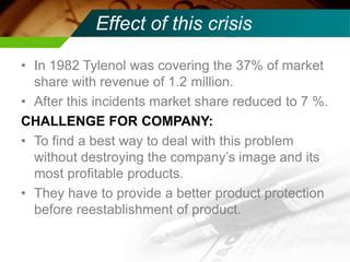Effect of this crisis
• In 1982 Tylenol was covering the 37% of market
share with revenue of 1.2 million.
• After this incidents market share reduced to 7 %.
CHALLENGE FOR COMPANY:
• To find a best way to deal with this problem
without destroying the company’s image and its
most profitable products.
• They have to provide a better product protection
before reestablishment of product.
 