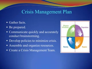 Crisis Management Plan
 Gather facts.
 Be prepared.
 Communicate quickly and accurately
conduct brainstorming.
 Develop policies to minimize crisis.
 Assemble and organize resources.
 Create a Crisis Management Team.
 