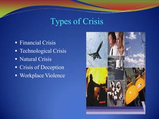 Types of Crisis
 Financial Crisis
 Technological Crisis
 Natural Crisis
 Crisis of Deception
 Workplace Violence
 