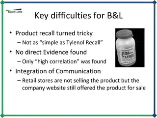 Key difficulties for B&L Product recall turned tricky Not as “simple as Tylenol Recall” No direct Evidence found Only “high correlation” was found Integration of Communication Retail stores are not selling the product but the company website still offered the product for sale 