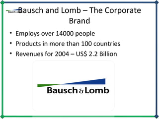 Bausch and Lomb – The Corporate Brand Employs over 14000 people Products in more than 100 countries Revenues for 2004 – US$ 2.2 Billion 