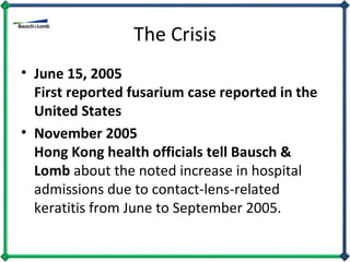 The Crisis June 15, 2005  First reported fusarium case reported in the United States November 2005 Hong Kong health officials tell Bausch & Lomb  about the noted increase in hospital admissions due to contact-lens-related keratitis from June to September 2005. 