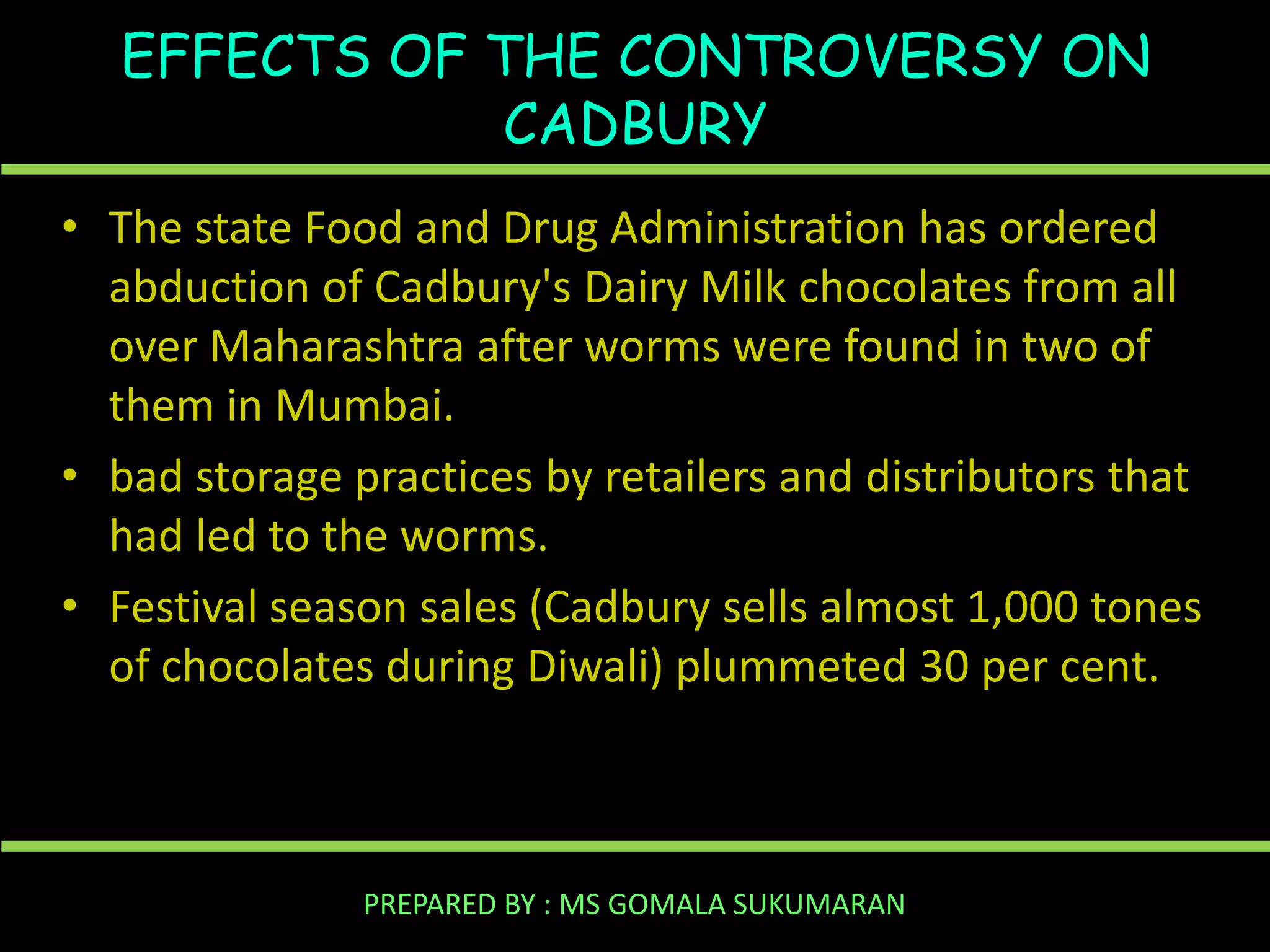 EFFECTS OF THE CONTROVERSY ON
CADBURY
• The state Food and Drug Administration has ordered
abduction of Cadbury's Dairy Milk chocolates from all
over Maharashtra after worms were found in two of
them in Mumbai.
• bad storage practices by retailers and distributors that
had led to the worms.
• Festival season sales (Cadbury sells almost 1,000 tones
of chocolates during Diwali) plummeted 30 per cent.

PREPARED BY : MS GOMALA SUKUMARAN

 