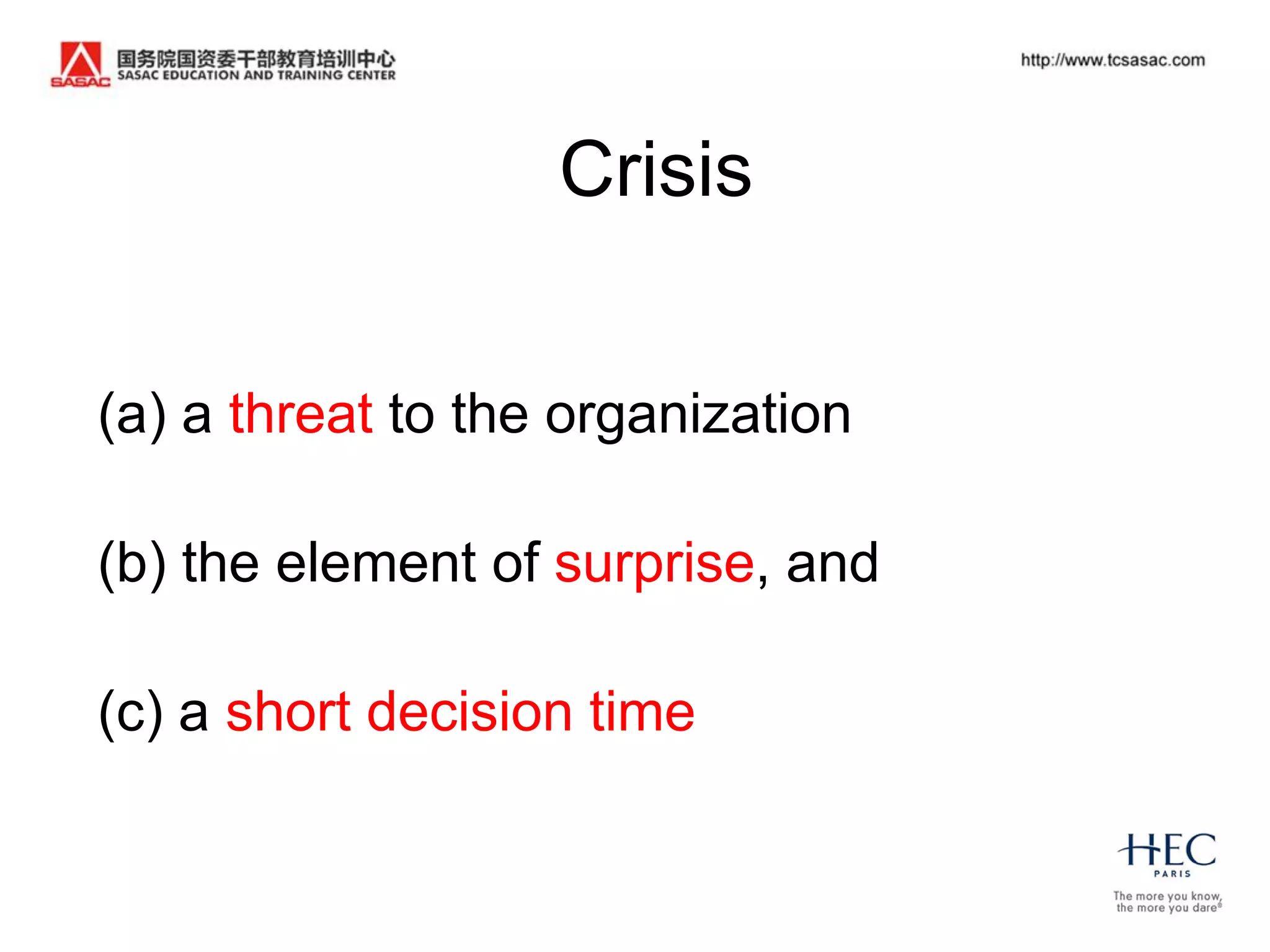 Crisis


(a) a threat to the organization

(b) the element of surprise, and

(c) a short decision time
 