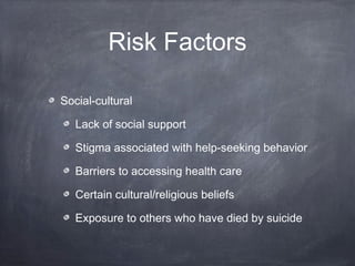 Risk Factors
Social-cultural
Lack of social support
Stigma associated with help-seeking behavior
Barriers to accessing hea...