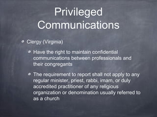 Privileged
Communications
Clergy (Virginia)
Have the right to maintain confidential
communications between professionals a...
