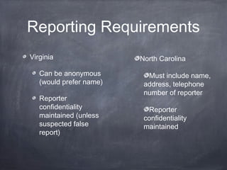 Reporting Requirements
Virginia
Can be anonymous
(would prefer name)
Reporter
confidentiality
maintained (unless
suspected...