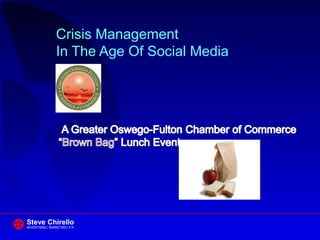 Crisis Management
                  In The Age Of Social Media




Steve Chirello
ADVERTISING / MARKETING / P.R.
 