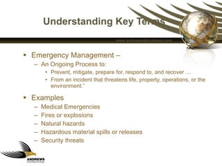 Understanding Key Terms Emergency Management –  An Ongoing Process to: Prevent, mitigate, prepare for, respond to, and recover … From an incident that threatens life, property, operations, or the environment.”  Examples Medical Emergencies Fires or explosions Natural hazards  Hazardous material spills or releases Security threats  