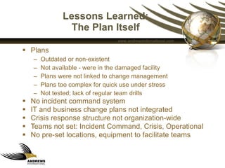 Lessons Learned: The Plan Itself Plans  Outdated or non-existent Not available - were in the damaged facility Plans were not linked to change management Plans too complex for quick use under stress Not tested; lack of regular team drills No incident command system IT and business change plans not integrated Crisis response structure not organization-wide Teams not set: Incident Command, Crisis, Operational No pre-set locations, equipment to facilitate teams 