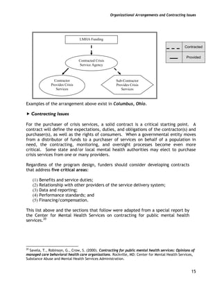 Organizational Arrangements and Contracting Issues
15
Examples of the arrangement above exist in Columbus, Ohio.
Contracting Issues
For the purchaser of crisis services, a solid contract is a critical starting point. A
contract will define the expectations, duties, and obligations of the contractor(s) and
purchaser(s), as well as the rights of consumers. When a governmental entity moves
from a distributor of funds to a purchaser of services on behalf of a population in
need, the contracting, monitoring, and oversight processes become even more
critical. Some state and/or local mental health authorities may elect to purchase
crisis services from one or many providers.
Regardless of the program design, funders should consider developing contracts
that address five critical areas:
(1) Benefits and service duties;
(2) Relationship with other providers of the service delivery system;
(3) Data and reporting;
(4) Performance standards; and
(5) Financing/compensation.
This list above and the sections that follow were adapted from a special report by
the Center for Mental Health Services on contracting for public mental health
services.20
20
Savela, T., Robinson, G., Crow, S. (2000). Contracting for public mental health services: Opinions of
managed care behavioral health care organizations. Rockville, MD: Center for Mental Health Services,
Substance Abuse and Mental Health Services Administration.
Contracted
Provided
Sub-Contractor
Provides Crisis
Services
LMHA Funding
Contractor
Provides Crisis
Services
Contracted Crisis
Service Agency
 