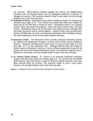 Chapter Twelve
66
are required. While NetCare ACCESS manages this service, the ADAMH Board
contracts with the Buckeye Ranch and has delegated authority to NetCare to
manage the resource. The maximum length of stay is seven days, but the average
length of stay is less than two days.
Huckleberry House - Huckleberry House offers emergency shelter for runaway and
homeless youth ages 12-17. This 16-bed crisis center also offers brief respite for
teens who do not feel able to remain at home. Huckleberry House is an unlocked
facility; teens may leave the property, make and receive phone calls, and have
visitors. Huckleberry House will not stop teens who choose to leave, although they
will notify the parent and/or referral agency. Length of stay is one to seven days.
NetCare ACCESS does not have a contractual relationship with Huckleberry House,
but refers adolescents to the service when deemed necessary.
Rosemont Center – The Rosemont Center provides unlocked residential services
for children and adolescents through a contract with Franklin County Children’s
Services. Rosemont provides brief respite stays for boys and girls ages 6-12 and
girls ages 13-17 on the residential unit. Although NetCare does not mange or
control access to Rosemont’s services, it has an informal agreement to pay for the
respite with the use of limited discretionary funds. The maximum length of stay at
Rosemont is seven days, but the average length of stay is less than two days.
St. Vincent Family Centers - St. Vincent is an unlocked residential treatment
program offering crisis respite for children ages 6-12. St. Vincent bills the ADAMH
board directly when this service is used for NetCare ACCESS consumers who have
been referred there for services. The maximum length of stay is seven days;
however, the average length of stay is less than two days.
Figure 1: A diagram of how consumers flow through the service system
 
