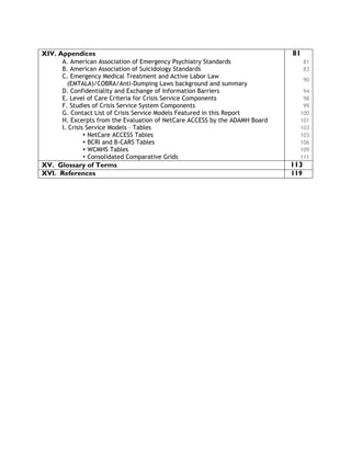 XIV. Appendices 81
A. American Association of Emergency Psychiatry Standards 81
B. American Association of Suicidology Standards 83
C. Emergency Medical Treatment and Active Labor Law
(EMTALA)/COBRA/Anti-Dumping Laws background and summary
90
D. Confidentiality and Exchange of Information Barriers 94
E. Level of Care Criteria for Crisis Service Components 98
F. Studies of Crisis Service System Components 99
G. Contact List of Crisis Service Models Featured in this Report 100
H. Excerpts from the Evaluation of NetCare ACCESS by the ADAMH Board 101
I. Crisis Service Models – Tables 103
NetCare ACCESS Tables 103
BCRI and B-CARS Tables 106
WCMHS Tables 109
Consolidated Comparative Grids 111
XV. Glossary of Terms 113
XVI. References 119
 
