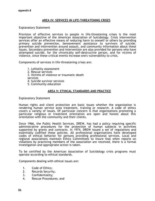 Appendix B
86
AREA IV: SERVICES IN LIFE-THREATENING CRISES
Explanatory Statement
Provision of effective services to people in life-threatening crises is the most
important objective of the American Association of Suicidology. Crisis intervention
services offer an effective means of reducing harm to oneself or others by providing
primary suicide prevention, bereavement assistance to survivors of suicide,
prevention and intervention around assault, and community information about these
issues. Secondary prevention and intervention are also provided for persons who have
attempted suicide, for the chronically self-destructive person, and for victims of
violence, since these critical events increase one's vulnerability to crisis.
Components of services in life-threatening crises are:
1. Lethality assessment
2. Rescue services
3. Victims of violence or traumatic death
services
4. Suicide survivor services
5. Community education
AREA V: ETHICAL STANDARDS AND PRACTICE
Explanatory Statement
Human rights and client protection are basic issues whether the organization is
rendering human service area treatment, training or research. A code of ethics
covers a variety of issues. Of particular concern is that organizations promoting a
particular religious or treatment orientation are open and honest about this
orientation with the community and their clients.
Since 1966, the Public Health Services, DREW, has had a policy requiring specific
administrative procedures for the protection of human subjects in activities
supported by grants and contracts. In 1974, DREW issued a set of regulations and
essentially codified these policies. All professional organizations have developed
codes of ethical behavior for persons providing professional services. Local and
regional associations maintain Ethics Committees to insure that when reports on
violations by practicing members of the association are received, there is a formal
investigation and appropriate action is taken.
To be certified by the American Association of Suicidology crisis programs must
operate according to ethical standards.
Components dealing with ethical issues are:
1. Code of Ethics;
2. Records Security;
3. Confidentiality;
4. Rescue Procedures; and
 