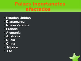 Paises Inportanetes  afectados Estados Unidos Dianamarca Nueva Zelanda Francia Alemania Australia Rusia China  Mexico Etc 