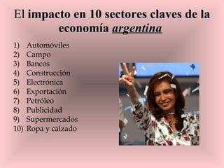 El  impacto en 10 sectores claves de la economía  argentina   Automóviles  Campo  Bancos Construcción Electrónica  Exportación  Petróleo Publicidad  Supermercados  Ropa y calzado 