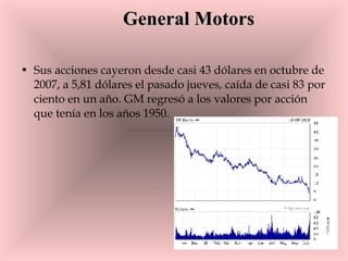 General Motors   Sus acciones cayeron desde casi 43 dólares en octubre de 2007, a 5,81 dólares el pasado jueves, caída de casi 83 por ciento en un año. GM regresó a los valores por acción que tenía en los años 1950.  