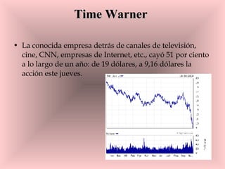 Time Warner   La conocida empresa detrás de canales de televisión, cine, CNN, empresas de Internet, etc., cayó 51 por ciento a lo largo de un año: de 19 dólares, a 9,16 dólares la acción este jueves.  
