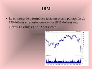 IBM La empresa de informática tenía un precio por acción de 130 dólares en agosto, que cayó a 88,12 dólares este jueves. La caída es de 32 por ciento   