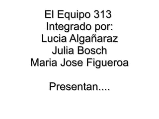 El Equipo 313  Integrado por: Lucia Algañaraz Julia Bosch Maria Jose Figueroa Presentan.... 
