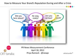 How to Measure Your Brand’s Reputation During and After a Crisis




                PR News Measurement Conference
                          April 18, 2012
                     Priya Ramesh - @newpr
 