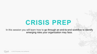 CRISIS PREP
In this session you will learn how to go through an end-to-end workflow to identify
emerging risks your organization may face.
 