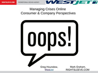 Managing Crises Online
Consumer & Company Perspectives
Mark Graham,
RIGHTSLEEVE.COM
Greg Hounslow,
WestJet
 