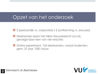 Opzet van het onderzoek 2 (persoonlijk vs. corporate) x 2 (ontkenning vs. excuses) Deelnemers lezen het H&M nieuwsbericht (nu.nl), gevolgd door een van vier reacties Online experiment, 125 deelnemers, vooral studenten, gem. 27 jaar, 76% vrouw 