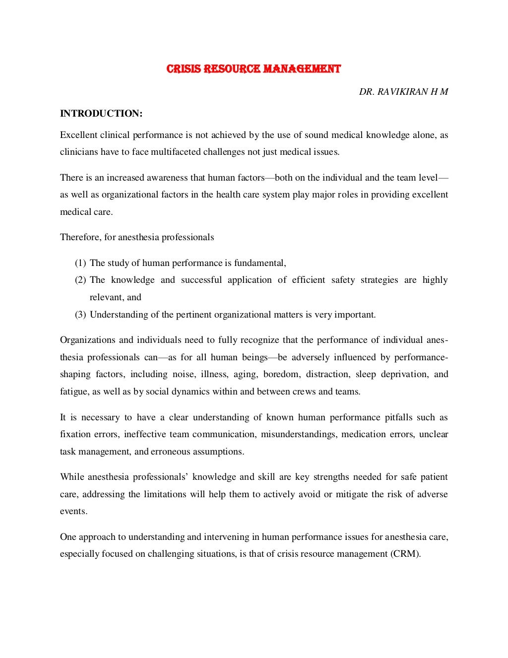 Crisis resource management